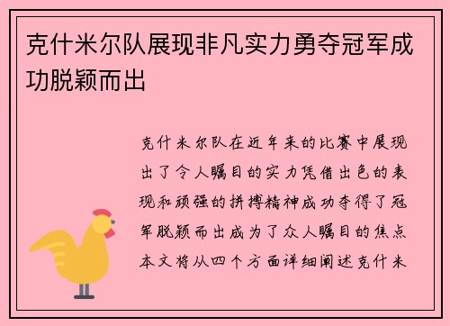 克什米尔队展现非凡实力勇夺冠军成功脱颖而出