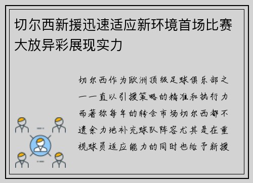 切尔西新援迅速适应新环境首场比赛大放异彩展现实力 切尔西新援迅速适应新环境首场比赛大放异彩展现实力