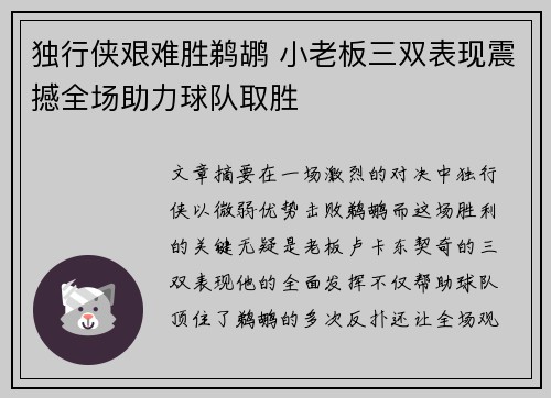 独行侠艰难胜鹈鹕 小老板三双表现震撼全场助力球队取胜