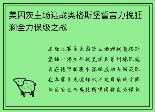 美因茨主场迎战奥格斯堡誓言力挽狂澜全力保级之战