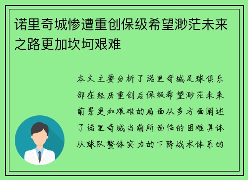 诺里奇城惨遭重创保级希望渺茫未来之路更加坎坷艰难